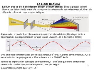 LA LLUM BLANCA
 La llum que ve del Sol li donem el nom de llum blanca: Si es fa passar la llum
 blanca per determinats materials transparents s’observa la seva descomposició en els
 diferents colors tal i com mostra la figura:




Això es deu a que la llum blanca és una ona com el model simplificat que teniu a
continuació i que representaria fer una foto d’una ona, és a dir, fixar el temps:




Una ona està caracteritzada per la seva longitud d’ona, λ, per la seva amplitud, A, i la
seva velocitat de propagació, v. Per la llum v = c = 300.000 km/s.
També es important el concepte de freqüència, f , de l’ona que dóna compte del
número de crestes que passarien per un punt per segon.                              13
Es compleix sempre que “c = ν . f ”
 