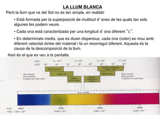 LA LLUM BLANCA
Però la llum que ve del Sol no és tan simple, en realitat:
    •  Està formada per la superposició de multitud d’ones de les quals tan sols
    algunes les podem veure.
    •  Cada ona està caracteritzada per una longitud d’ona diferent ”λ”.
    •  En determinats medis, que es diuen dispersius, cada ona (color) es mou amb
    diferent velocitat dintre del material i fa un recorregut diferent. Aquesta és la
    causa de la descomposició de la llum.
Això és el que es veu a la pantalla:




                                                                                 14
 