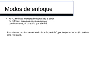 Modos de enfoque
● AF-C: Mientras mantengamos pulsado el botón
de enfoque, la cámara intentara enfocar
continuamente, al contrario que el AF-S.
Esta cámara no dispone del modo de enfoque AF-C, por lo que no he podido realizar
esta fotografía.
 