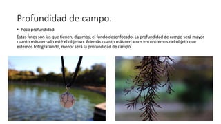 Profundidad de campo.
• Poca profundidad:
Estas fotos son las que tienen, digamos, el fondo desenfocado. La profundidad de campo será mayor
cuanto más cerrado esté el objetivo. Además cuanto más cerca nos encontremos del objeto que
estemos fotografiando, menor será la profundidad de campo.
 