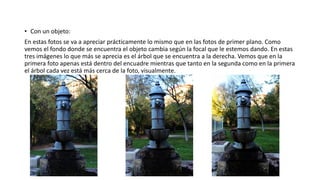 • Con un objeto:
En estas fotos se va a apreciar prácticamente lo mismo que en las fotos de primer plano. Como
vemos el fondo donde se encuentra el objeto cambia según la focal que le estemos dando. En estas
tres imágenes lo que más se aprecia es el árbol que se encuentra a la derecha. Vemos que en la
primera foto apenas está dentro del encuadre mientras que tanto en la segunda como en la primera
el árbol cada vez está más cerca de la foto, visualmente.
 