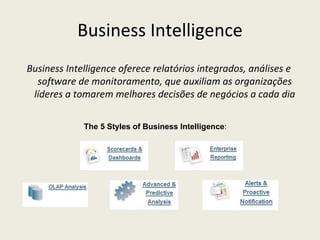 Business Intelligence Business Intelligence oferece relatórios integrados, análises e software de monitoramento, que auxiliam as organizações líderes a tomarem melhores decisões de negócios a cada dia The 5 Styles of Business Intelligence : 
