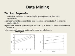 Data Mining Técnica:  Regressão - consiste na busca por uma função que represente, de forma aproximada,  o comportamento apresentado pelo fenômeno em estudo. A forma mais conhecida de  regressão é a linear, por exemplo, uma reta que minimiza o erro médio entre todos os  valores considerados, mas também pode ser não linear. Exemplo 