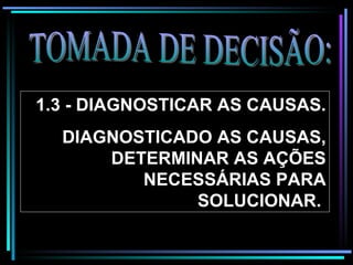 TOMADA DE DECISÃO: 1.3 - DIAGNOSTICAR AS CAUSAS.   DIAGNOSTICADO AS CAUSAS, DETERMINAR AS AÇÕES NECESSÁRIAS PARA   SOLUCIONAR.   