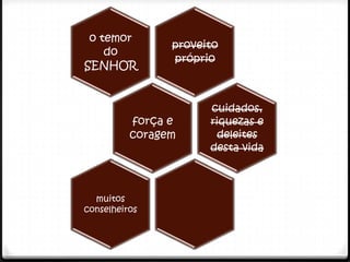 o temor
                proveito
    do
                próprio
SENHOR


                      cuidados,
          força e     riquezas e
          coragem      deleites
                      desta vida



  muitos
conselheiros
 