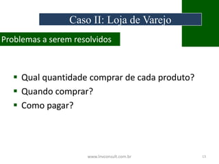  Qual quantidade comprar de cada produto?
 Quando comprar?
 Como pagar?
www.lnvconsult.com.br 13
Problemas a serem resolvidos
Caso II: Loja de Varejo
 