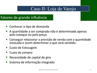  Conhecer o tipo de demanda
 A quantidade a ser comprada não é determinada apenas
pelo estoque ou pelo preço
 Conseguir relacionar a previsão de venda com a quantidade
estocada e assim determinar o que será vendido.
 Custo de Estocagem
 Custo da compra
 Necessidade de capital de giro
 Sistema de informação integrado
www.lnvconsult.com.br 14
Fatores de grande influência
Caso II: Loja de Varejo
 