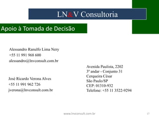 Alessandro Ranulfo Lima Nery
+55 11 991 968 600
alessandro@lnvconsult.com.br
Avenida Paulista, 2202
3º andar - Conjunto 31
Cerqueira César
São Paulo/SP
CEP: 01310-932
Telefone: +55 11 3522-9294
www.lnvconsult.com.br 17
Apoio à Tomada de Decisão
LN&V Consultoria
José Ricardo Verona Alves
+55 11 991 962 726
jverona@lnvconsult.com.br
 
