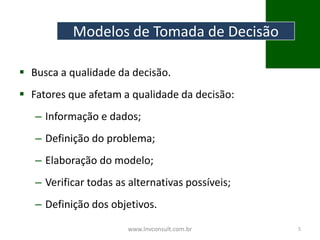  Busca a qualidade da decisão.
 Fatores que afetam a qualidade da decisão:
– Informação e dados;
– Definição do problema;
– Elaboração do modelo;
– Verificar todas as alternativas possíveis;
– Definição dos objetivos.
www.lnvconsult.com.br 5
Modelos de Tomada de Decisão
 