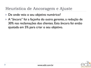 Heurística de Ancoragem e Ajuste
   De onde veio o seu objetivo numérico?
   A “âncora” foi a façanha do outro gerente, a redução de
    30% nas reclamações dos clientes. Esta âncora foi então
    ajustada em 5% para criar o seu objetivo.




                         www.edti.com.br
 