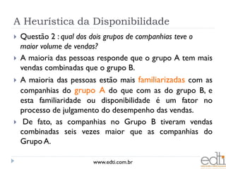 A Heurística da Disponibilidade
   Questão 2 : qual dos dois grupos de companhias teve o
    maior volume de vendas?
   A maioria das pessoas responde que o grupo A tem mais
    vendas combinadas que o grupo B.
   A maioria das pessoas estão mais familiarizadas com as
    companhias do grupo A do que com as do grupo B, e
    esta familiaridade ou disponibilidade é um fator no
    processo de julgamento do desempenho das vendas.
    De fato, as companhias no Grupo B tiveram vendas
    combinadas seis vezes maior que as companhias do
    Grupo A.

                        www.edti.com.br
 