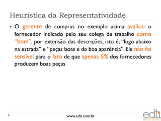 Heurística da Representatividade
   O gerente de compras no exemplo acima avaliou o
    fornecedor indicado pelo seu colega de trabalho como
    “bom”, por extensão das descrições, isto é, “logo abaixo
    na estrada” e “peças boas e de boa aparência”. Ele não foi
    sensível para o fato de que apenas 5% dos fornecedores
    produzem boas peças




                          www.edti.com.br
 