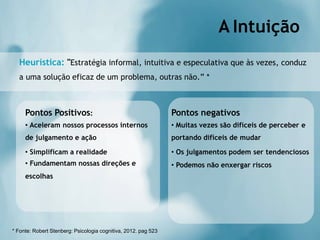 Heurística: "Estratégia informal, intuitiva e especulativa que às vezes, conduz
a uma solução eficaz de um problema, outras não.” *
Pontos Positivos:
• Aceleram nossos processos internos
de julgamento e ação
• Simplificam a realidade
• Fundamentam nossas direções e
escolhas
Pontos negativos
• Muitas vezes são difíceis de perceber e
portando difíceis de mudar
• Os julgamentos podem ser tendenciosos
• Podemos não enxergar riscos
A Intuição
* Fonte: Robert Stenberg: Psicologia cognitiva, 2012. pag 523
 