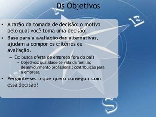Os Objetivos
• A razão da tomada de decisão: o motivo
pelo qual você toma uma decisão;
• Base para a avaliação das alternativas,
ajudam a compor os critérios de
avaliação.
– Ex: busca oferta de emprego fora do país
• Objetivos: qualidade de vida da família;
desenvolvimento profissional; contribuição para
a empresa.
• Pergunte-se: o que quero conseguir com
essa decisão?
 