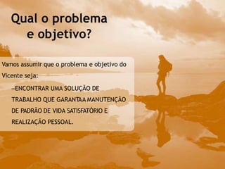 Vamos assumir que o problema e objetivo do
Vicente seja:
–ENCONTRAR UMA SOLUÇÃO DE
TRABALHO QUE GARANTAA MANUTENÇÃO
DE PADRÃO DE VIDA SATISFATÓRIO E
REALIZAÇÃO PESSOAL.
Qual o problema
e objetivo?
 
