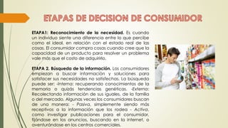 ETAPA1: Reconocimiento de la necesidad. Es cuando
un individuo siente una diferencia entre lo que percibe
como el ideal, en relación con el estado real de las
cosas. El consumidor compra cosas cuando cree que la
capacidad de un producto para resolver un problema
vale más que el costo de adquirirlo.
ETAPA 2. Búsqueda de la información. Los consumidores
empiezan a buscar información y soluciones para
satisfacer sus necesidades no satisfechas. La búsqueda
puede ser: -Interna: recuperando conocimientos de la
memoria o quizás tendencias genéticas. -Externa:
Recolectando información de sus iguales, de la familia
o del mercado. Algunas veces los consumidores buscan
de una manera: - Pasiva, simplemente siendo más
receptivos a la información que los rodea - Activa,
como investigar publicaciones para el consumidor,
fijándose en los anuncios, buscando en la internet, o
aventurándose en los centros comerciales.
 