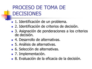 PROCESO DE TOMA DE
DECISIONES
 1. Identificación de un problema.
 2. Identificación de criterios de decisión.
 3. Asignación de ponderaciones a los criterios
de decisión.
 4. Desarrollo de alternativas.
 5. Análisis de alternativas.
 6. Selección de alternativas.
 7. Implementación.
 8. Evaluación de la eficacia de la decisión.
 