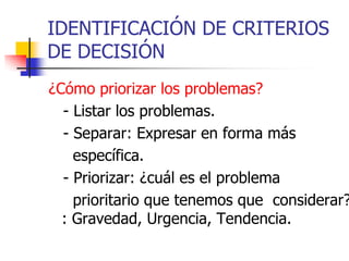 IDENTIFICACIÓN DE CRITERIOS
DE DECISIÓN
¿Cómo priorizar los problemas?
- Listar los problemas.
- Separar: Expresar en forma más
específica.
- Priorizar: ¿cuál es el problema
prioritario que tenemos que considerar?
: Gravedad, Urgencia, Tendencia.
 