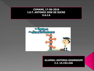 CUMANÁ, 17-06-2016
I.U.T. ANTONIO JOSE DE SUCRE
S.A.I.A
ALUMNA: ANTONIA GHANNOUM
C.I. 15.192.436
 