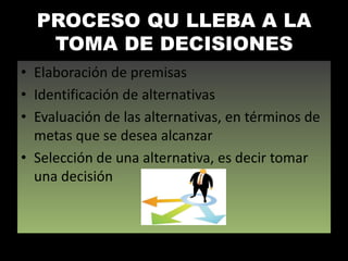 PROCESO QU LLEBA A LA
   TOMA DE DECISIONES
• Elaboración de premisas
• Identificación de alternativas
• Evaluación de las alternativas, en términos de
  metas que se desea alcanzar
• Selección de una alternativa, es decir tomar
  una decisión
 