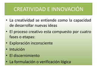CREATIVIDAD E INNOVACIÓN
• La creatividad se entiende como la capacidad
  de desarrollar nuevas ideas
• El proceso creativo esta compuesto por cuatro
  fases o etapas:
• Exploración inconsciente
• Intuición
• El discernimiento
• La formulación o verificación lógica
 