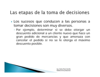    Los sucesos que conducen a las personas a
    tomar decisiones son muy diversos.
    ◦ Por ejemplo, determinar si se debe otorgar un
      descuento adicional a un cliente nuevo que hace un
      gran pedido de mercancías y que amenaza con
      cancelar el pedido si no se le otorga el máximo
      descuento posible.




                                 Ing. Carlos Parra Carrillo
                                 Gestion de la produccion
 