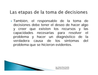    También, el responsable de la toma de
    decisiones debe tener el deseo de hacer algo
    y creer que existen los recursos y las
    capacidades necesarias para resolver el
    problema y hacer un diagnóstico de la
    verdadera causa de los síntomas del
    problema que se hicieron evidentes.




                            Ing. Carlos Parra Carrillo
                            Gestion de la produccion
 