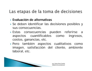    Evaluación de alternativas
   Se deben identificar las decisiones posibles y
    sus consecuencias.
   Estas consecuencias pueden referirse a
    aspectos cuantificables como ingresos,
    costos, ganancias, etc.
   Pero también aspectos cualitativos como
    imagen, satisfacción del cliente, ambiente
    laboral, etc.


                             Ing. Carlos Parra Carrillo
                             Gestion de la produccion
 
