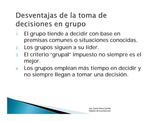 1.   El grupo tiende a decidir con base en
     premisas comunes o situaciones conocidas.
2.   Los grupos siguen a su líder.
3.   El criterio “grupal” impuesto no siempre es el
     mejor.
4.   Los grupos emplean más tiempo en decidir y
     no siempre llegan a tomar una decisión.




                              Ing. Carlos Parra Carrillo
                              Gestion de la produccion
 