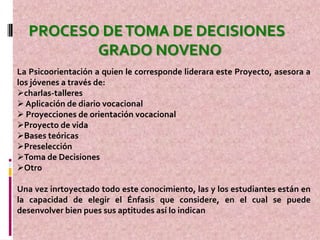 PROCESO DE TOMA DE DECISIONES
         GRADO NOVENO
La Psicoorientación a quien le corresponde liderara este Proyecto, asesora a
los jóvenes a través de:
charlas-talleres
 Aplicación de diario vocacional
 Proyecciones de orientación vocacional
Proyecto de vida
Bases teóricas
Preselección
Toma de Decisiones
Otro

Una vez inrtoyectado todo este conocimiento, las y los estudiantes están en
la capacidad de elegir el Énfasis que considere, en el cual se puede
desenvolver bien pues sus aptitudes así lo indican
 