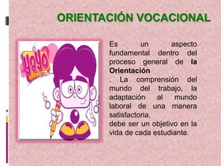 ORIENTACIÓN VOCACIONAL

       Es        un      aspecto
       fundamental dentro del
       proceso general de la
       Orientación
       . La comprensión del
       mundo del trabajo, la
       adaptación     al  mundo
       laboral de una manera
       satisfactoria,
       debe ser un objetivo en la
       vida de cada estudiante.
 
