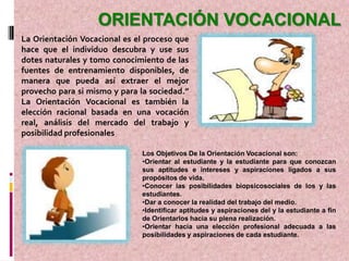 ORIENTACIÓN VOCACIONAL
La Orientación Vocacional es el proceso que
hace que el individuo descubra y use sus
dotes naturales y tomo conocimiento de las
fuentes de entrenamiento disponibles, de
manera que pueda así extraer el mejor
provecho para si mismo y para la sociedad.”
La Orientación Vocacional es también la
elección racional basada en una vocación
real, análisis del mercado del trabajo y
posibilidad profesionales

                               Los Objetivos De la Orientación Vocacional son:
                               •Orientar al estudiante y la estudiante para que conozcan
                               sus aptitudes e intereses y aspiraciones ligados a sus
                               propósitos de vida.
                               •Conocer las posibilidades biopsicosociales de los y las
                               estudiantes.
                               •Dar a conocer la realidad del trabajo del medio.
                               •Identificar aptitudes y aspiraciones del y la estudiante a fin
                               de Orientarlos hacia su plena realización.
                               •Orientar hacia una elección profesional adecuada a las
                               posibilidades y aspiraciones de cada estudiante.
 