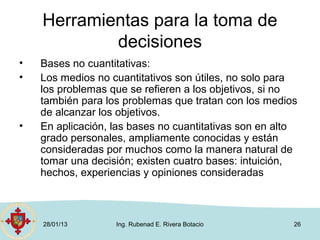 Herramientas para la toma de
            decisiones
•   Bases no cuantitativas:
•   Los medios no cuantitativos son útiles, no solo para
    los problemas que se refieren a los objetivos, si no
    también para los problemas que tratan con los medios
    de alcanzar los objetivos.
•   En aplicación, las bases no cuantitativas son en alto
    grado personales, ampliamente conocidas y están
    consideradas por muchos como la manera natural de
    tomar una decisión; existen cuatro bases: intuición,
    hechos, experiencias y opiniones consideradas



    28/01/13       Ing. Rubenad E. Rivera Botacio       26
 