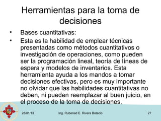 Herramientas para la toma de
            decisiones
•   Bases cuantitativas:
•   Esta es la habilidad de emplear técnicas
    presentadas como métodos cuantitativos o
    investigación de operaciones, como pueden
    ser la programación lineal, teoría de líneas de
    espera y modelos de inventarios. Esta
    herramienta ayuda a los mandos a tomar
    decisiones efectivas, pero es muy importante
    no olvidar que las habilidades cuantitativas no
    deben, ni pueden reemplazar al buen juicio, en
    el proceso de la toma de decisiones.
    28/01/13     Ing. Rubenad E. Rivera Botacio   27
 