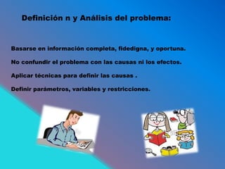 Definición n y Análisis del problema:

Basarse en información completa, fidedigna, y oportuna.
No confundir el problema con las causas ni los efectos.
Aplicar técnicas para definir las causas .
Definir parámetros, variables y restricciones.

 