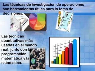 Las técnicas de investigación de operaciones
son herramientas útiles para la toma de
decisiones.

Las técnicas
cuantitativas más
usadas en el mundo
real, junto con la
programación
matemática y la
estadística.

 