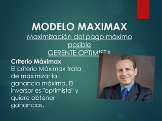 MODELO MAXIMAX

Maximización del pago máximo
posible
GERENTE OPTIMISTA
Criterio Máximax
El criterio Máximax trata
de maximizar la
ganancia máxima. El
inversor es "optimista" y
quiere obtener
ganancias.

 