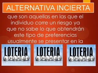 ALTERNATIVA INCIERTA
que son aquellas en las que el
individuo corre un riesgo ya
que no sabe lo que obtendrán
este tipo de preferencias
usualmente se presentar en la
lotería.

 