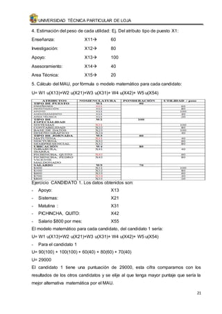 UNIVERSIDAD TÉCNICA PARTICULAR DE LOJA 
21 
4. Estimación del peso de cada utilidad: Ej. Del atributo tipo de puesto X1: 
Enseñanza: X11 60 
Investigación: X12 80 
Apoyo: X13 100 
Asesoramiento: X14 40 
Area Técnica: X15 20 
5. Cálculo del MAU, por fórmula o modelo matemático para cada candidato: 
U= W1 u(X13)+W2 u(X21)+W3 u(X31)+ W4 u(X42)+ W5 u(X54) 
Ejercicio CANDIDATO 1. Los datos obtenidos son: 
- Apoyo: X13 
- Sistemas: X21 
- Matutina : X31 
- PICHINCHA, QUITO: X42 
- Salario $800 por mes: X55 
El modelo matemático para cada candidato, del candidato 1 sería: 
U= W1 u(X13)+W2 u(X21)+W3 u(X31)+ W4 u(X42)+ W5 u(X54) 
- Para el candidato 1 
U= 90(100) + 100(100) + 60(40) + 80(60) + 70(40) 
U= 29000 
El candidato 1 tiene una puntuación de 29000, esta cifra comparamos con los 
resultados de los otros candidatos y se elije al que tenga mayor puntaje que sería la 
mejor alternativa matemática por el MAU. 
 