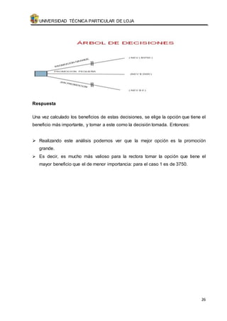UNIVERSIDAD TÉCNICA PARTICULAR DE LOJA 
26 
Respuesta 
Una vez calculado los beneficios de estas decisiones, se elige la opción que tiene el 
beneficio más importante, y tomar a este como la decisión tomada. Entonces: 
 Realizando este análisis podemos ver que la mejor opción es la promoción 
grande. 
 Es decir, es mucho más valioso para la rectora tomar la opción que tiene el 
mayor beneficio que el de menor importancia: para el caso 1 es de 3750. 
 