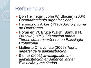 Referencias
 Don Hellriegel , John W. Slocum (2004)
Comportamiento organizacional
 Hammond y Arkes (1996) Juicio y Toma
de Decisiones.
 Horan en W. Bruce Walsh, Samuel H.
Osipow (1979) Orientación laboral :
Temas contemporáneos en Psicología
Profesional.
 Idalberto Chiavenato (2005) Teoría
general de la administración.
 Stoner (2003) Investigación en
administración en América latina:
Evolución y resultados.
 