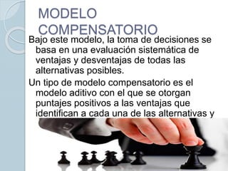 MODELO
COMPENSATORIO
Bajo este modelo, la toma de decisiones se
basa en una evaluación sistemática de
ventajas y desventajas de todas las
alternativas posibles.
Un tipo de modelo compensatorio es el
modelo aditivo con el que se otorgan
puntajes positivos a las ventajas que
identifican a cada una de las alternativas y
se restan los puntos negativos que se le
adjudiquen a las mismas.
 