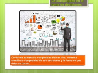 La complejidad en la
toma de decisiones
Conforme aumenta la complejidad del ser vivo, aumenta
también la complejidad de sus decisiones y la forma en que
éstas se toman.
 