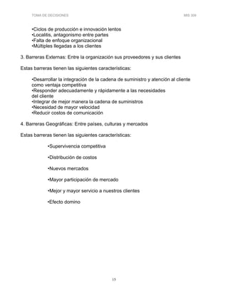 TOMA DE DECISIONES MIS 309
15
•Ciclos de producción e innovación lentos
•Localitis, antagonismo entre partes
•Falta de enfoque organizacional
•Múltiples llegadas a los clientes
3. Barreras Externas: Entre la organización sus proveedores y sus clientes
Estas barreras tienen las siguientes características:
•Desarrollar la integración de la cadena de suministro y atención al cliente
como ventaja competitiva
•Responder adecuadamente y rápidamente a las necesidades
del cliente
•Integrar de mejor manera la cadena de suministros
•Necesidad de mayor velocidad
•Reducir costos de comunicación
4. Barreras Geográficas: Entre países, culturas y mercados
Estas barreras tienen las siguientes características:
•Supervivencia competitiva
•Distribución de costos
•Nuevos mercados
•Mayor participación de mercado
•Mejor y mayor servicio a nuestros clientes
•Efecto domino
 