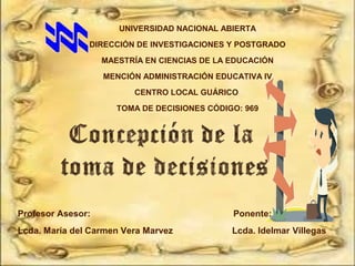 Profesor Asesor: Ponente:
Lcda. María del Carmen Vera Marvez Lcda. Idelmar Villegas
UNIVERSIDAD NACIONAL ABIERTA
DIRECCIÓN DE INVESTIGACIONES Y POSTGRADO
MAESTRÍA EN CIENCIAS DE LA EDUCACIÓN
MENCIÓN ADMINISTRACIÓN EDUCATIVA IV
CENTRO LOCAL GUÁRICO
TOMA DE DECISIONES CÓDIGO: 969
 