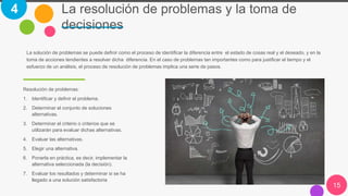 La resolución de problemas y la toma de
decisiones
15
Resolución de problemas:
1. Identificar y definir el problema.
2. Determinar el conjunto de soluciones
alternativas.
3. Determinar el criterio o criterios que se
utilizarán para evaluar dichas alternativas.
4. Evaluar las alternativas.
5. Elegir una alternativa.
6. Ponerla en práctica, es decir, implementar la
alternativa seleccionada (la decisión).
7. Evaluar los resultados y determinar si se ha
llegado a una solución satisfactoria
4
La solución de problemas se puede definir como el proceso de identificar la diferencia entre el estado de cosas real y el deseado, y en la
toma de acciones tendientes a resolver dicha diferencia. En el caso de problemas tan importantes como para justificar el tiempo y el
esfuerzo de un análisis, el proceso de resolución de problemas implica una serie de pasos.
 