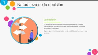 Naturaleza de la decisión
4
La decisión es el término de un proceso de deliberación e implica
directamente la voluntad, involucra la atención y diversas conductas
racionales e irracionales.
Supone que un individuo ante dos o más posibilidades, toma una y deja
las otras.
La decisión
1
 