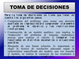 TOMA DE DECISIONES
Par a l a t om
a de deci si ones se t i ene que t ener en
cuent a l os si gui ent es pasos:
• Comprensión del problema: para tomar una decisión
acer t ada es i m
pr esci ndi bl e com
pr ender cl ar am
ent e
el pr obl em
a, el obj et i vo y l as r est r i cci ones
i nvol ucr adas.
• Construcción de un modelo analítico: este implica la
“traducción” del problema al lenguaje matemático
preciso para realizar el cálculo y com
par ar l os
r esul t ados en di st i nt os escenar i os o si t uaci ones
posi bl es.
• Búsqueda de una buena solución: lo importante es
elegir la técnica de resolución adecuada según la
característica especificada del modelo, una vez resuelto
el modelo, se realiza la variación de los resultados a
fin de evitar una solución i r r eal i st a.
 