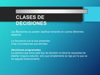 CLASES DE
DECISIONES
.
Las decisiones se pueden clasificar teniendo en cuenta diferentes
aspectos
La frecuencia con la que presentan
A las circunstancias que afrontan
Decisiones programadas
La persona que toma este tipo de decisión no tiene la necesidad de
diseñar ninguna solución, sino que simplemente se rige por la que se
ha seguido anteriormente.
 