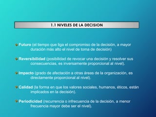 Futuro (el tiempo que liga el compromiso de la decisión, a mayor
duración más alto el nivel de toma de decisión)
Reversibilidad (posibilidad de revocar una decisión y resolver sus
consecuencias, es inversamente proporcional al nivel).
Impacto (grado de afectación a otras áreas de la organización, es
directamente proporcional al nivel).
Calidad (la forma en que los valores sociales, humanos, éticos, están
implicados en la decisión).
Periodicidad (recurrencia o infrecuencia de la decisión, a menor
frecuencia mayor debe ser el nivel).
 